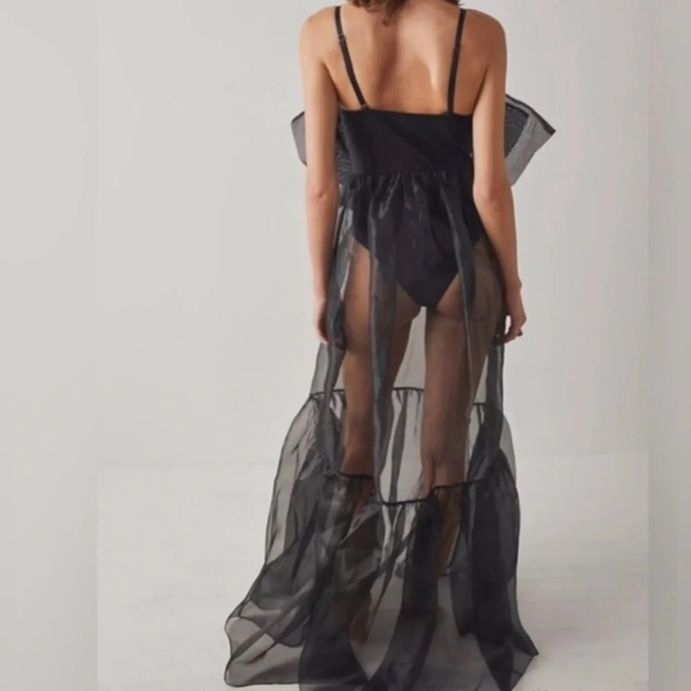Free People intimately black Someone Say Bows Bodysuit sheer Maxi‎ dress size XS